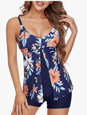 Women's Navy Floral Tankini Top with Peach Hibiscus Print Size Medium